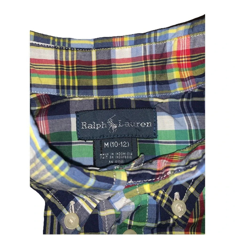 Ralph Lauren Boy's Shirt Multi Plaid Button Down‎ Size M 10-12 Short Sleeve Pony